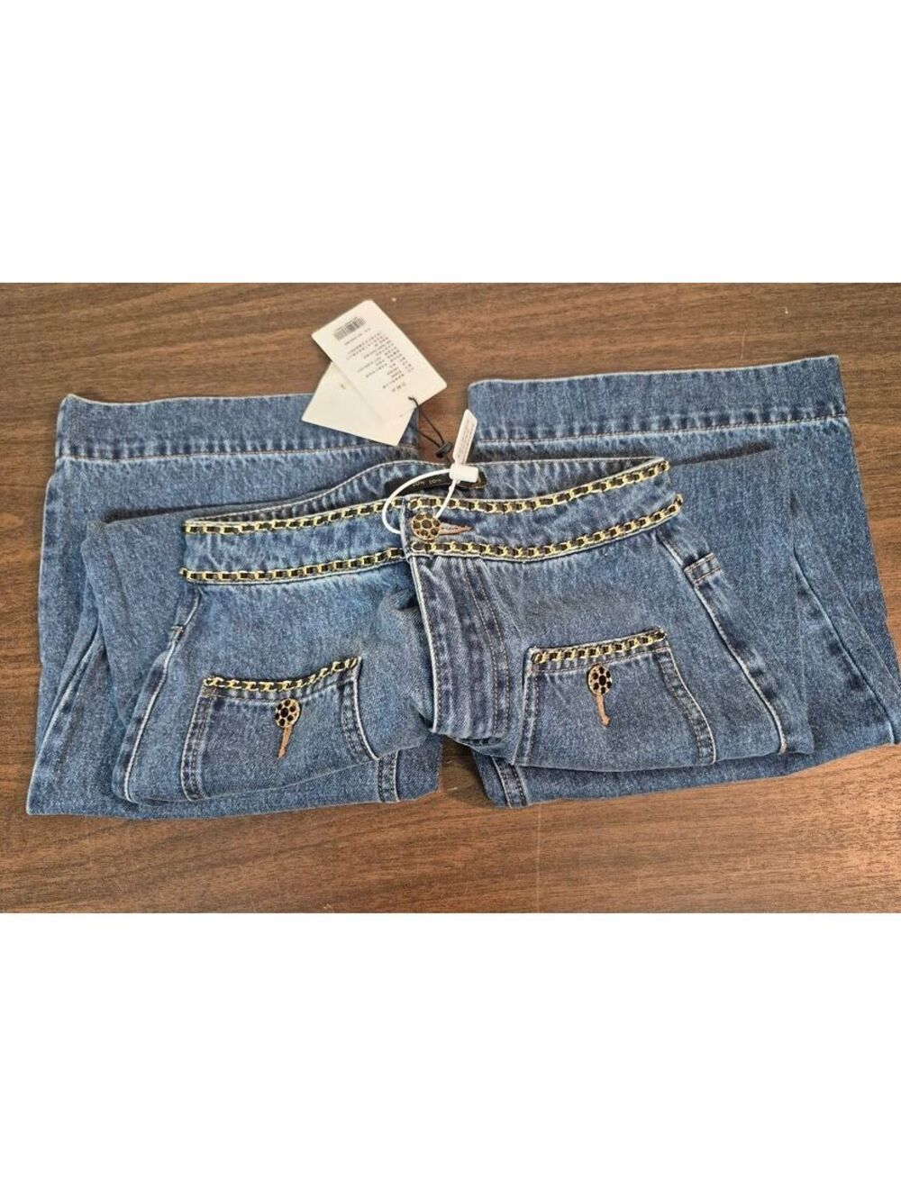 Zow Zow Women's Blue Denim Jeans with Gold Chain Detail Size M